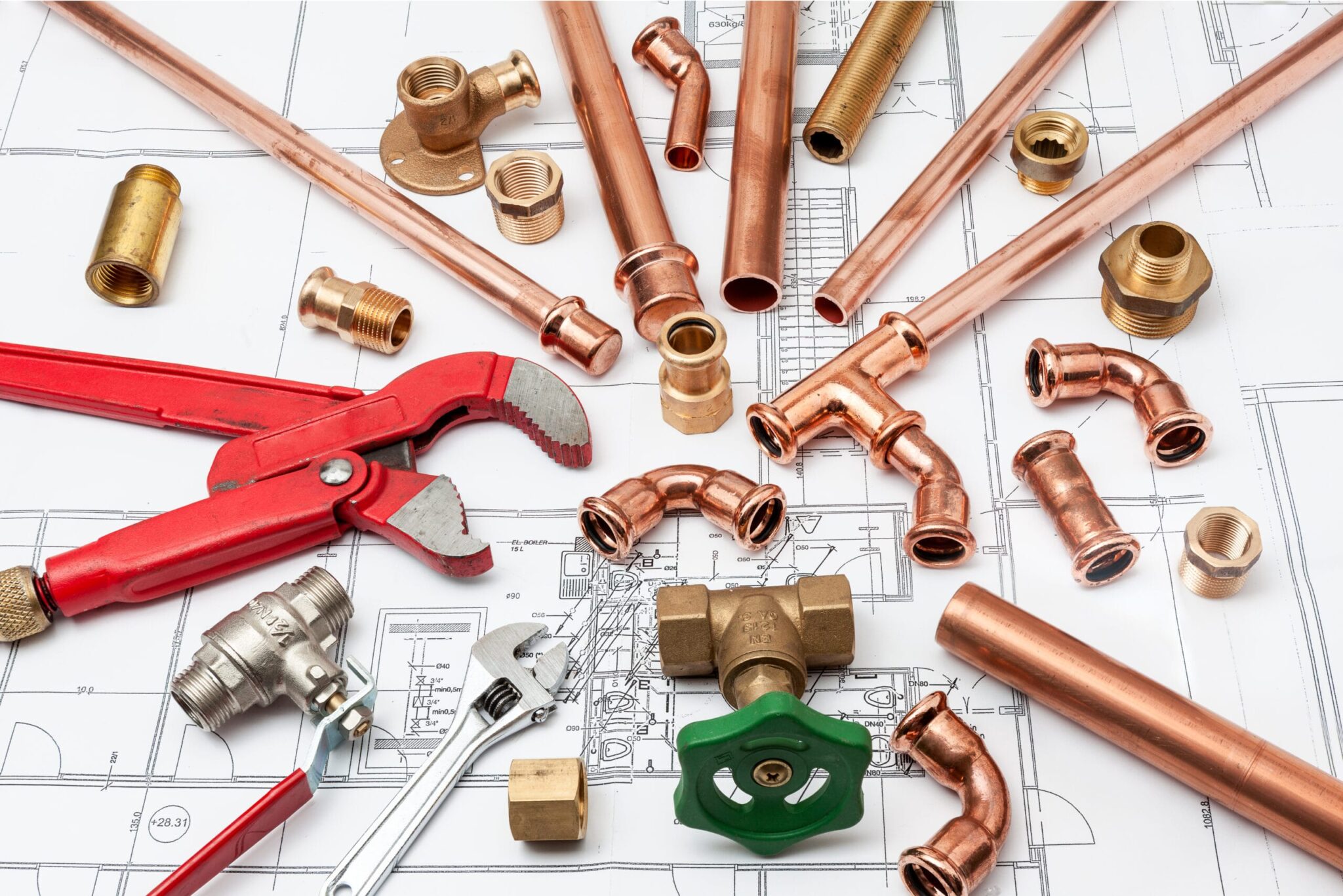 Copper pipes, fittings, valves, and plumbing tools in Spring Hill