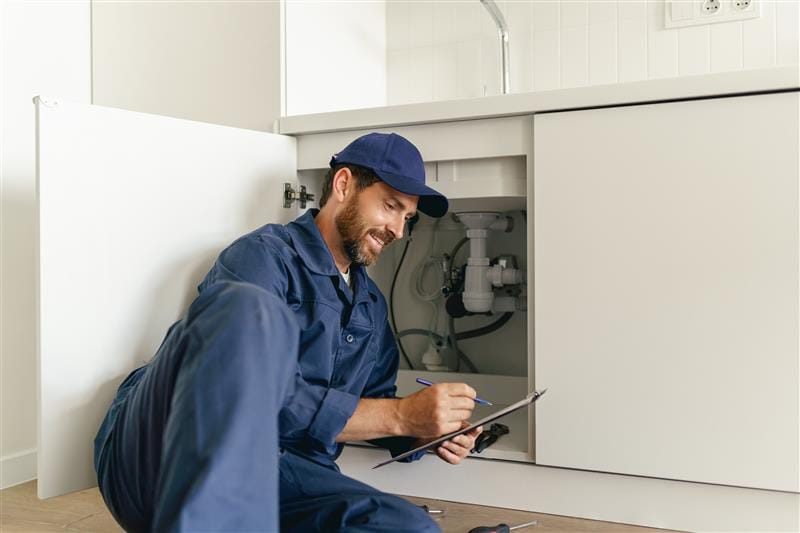 Residential plumber reviewing plumbing repairs in a Spring Hill kitchen