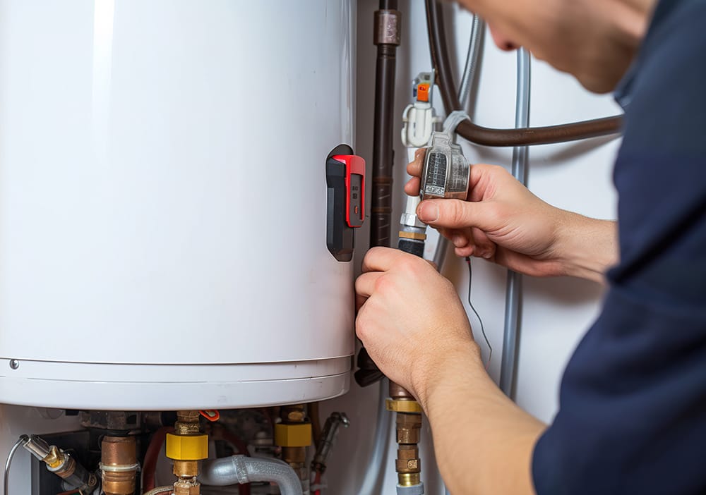 Technician repairing pipes connected to a water heater in Spring Hill